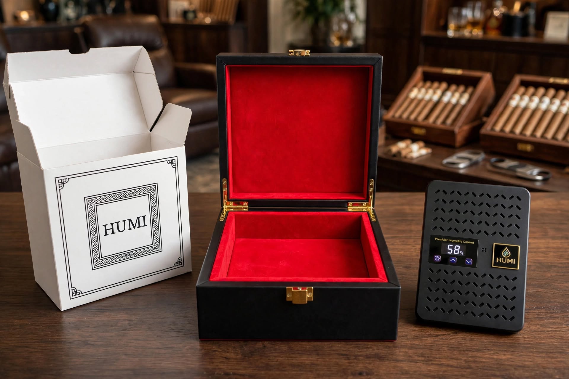 HUMI beside its presentation case in a cigar lounge