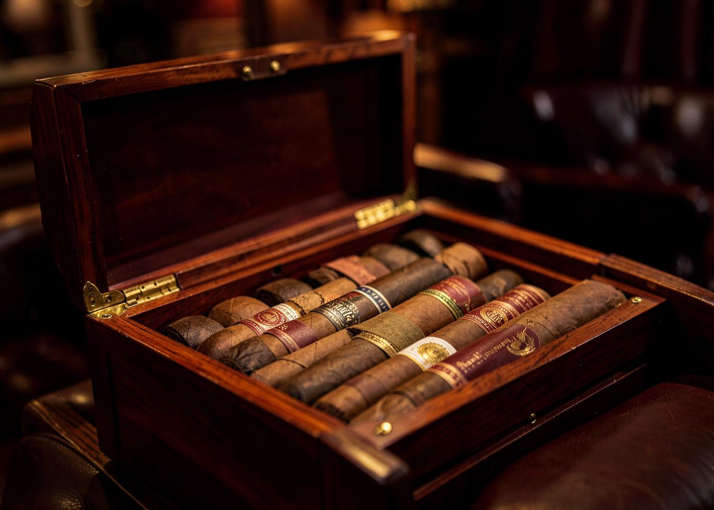 Open cedar humidor filled with premium cigars in a leather lounge